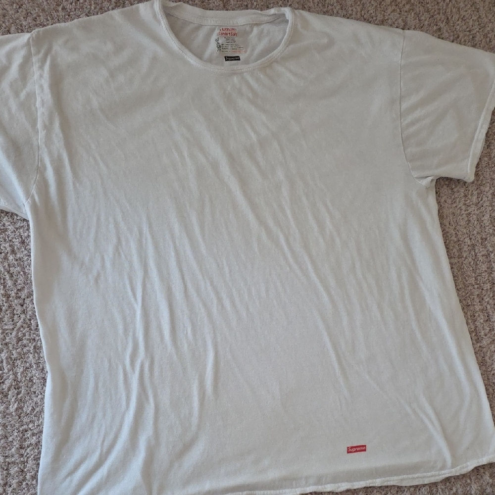 Supreme White Short Sleeve Crewneck Tee with Red Logo Tab